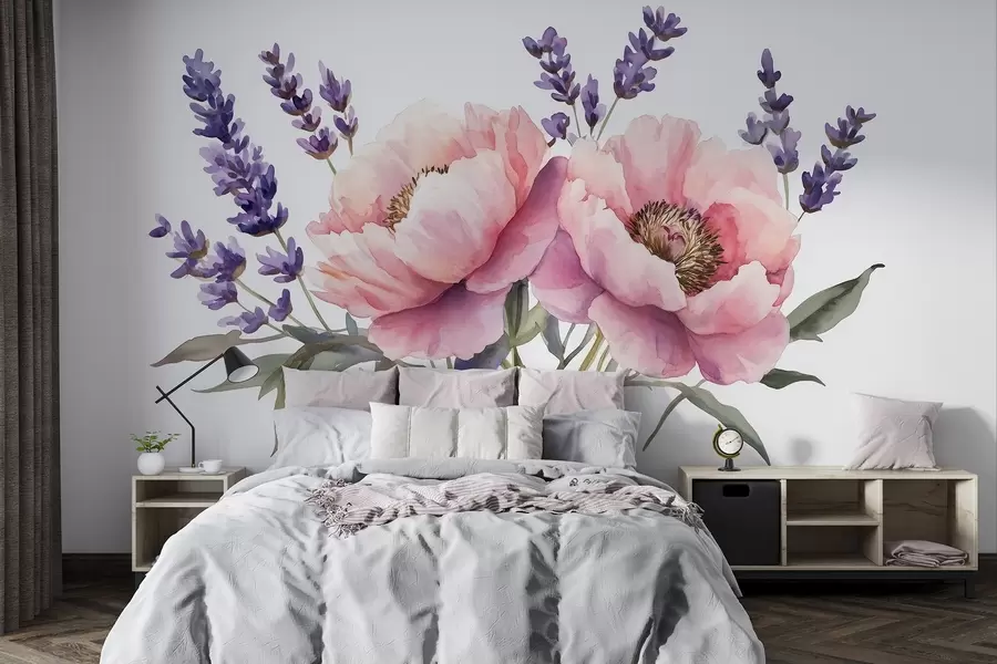 murais de parede Peônias em estilo aquarela, lavanda, flores, cores naturais w03671