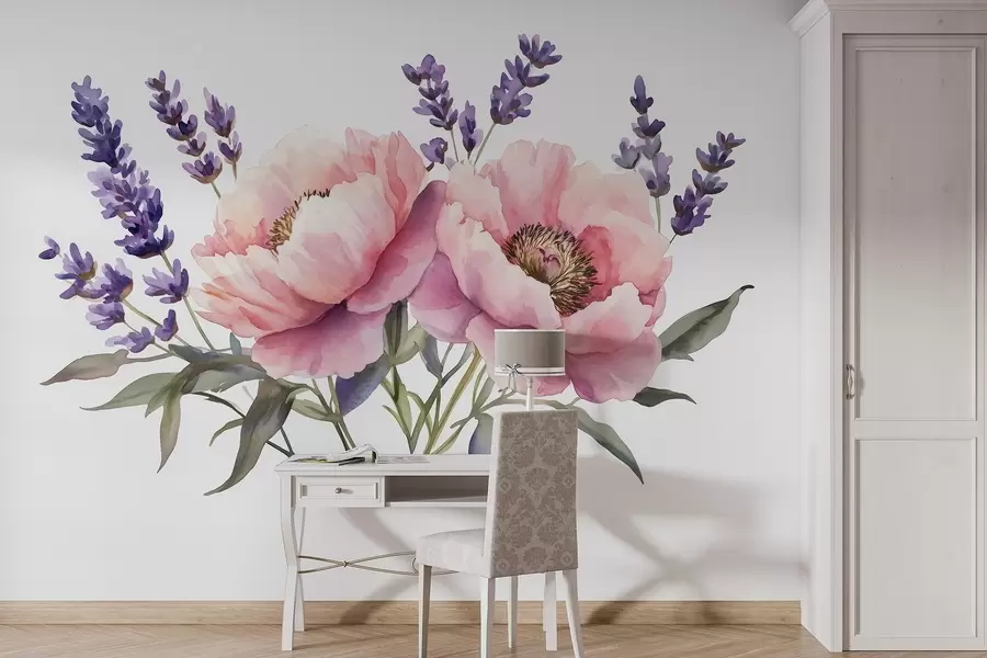 murais de parede Peônias em estilo aquarela, lavanda, flores, cores naturais w03671