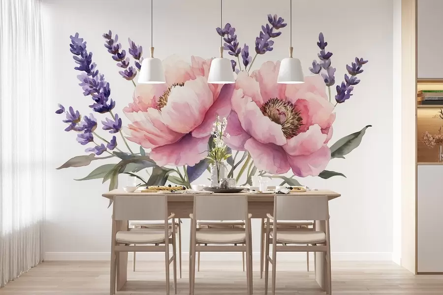 murais de parede Peônias em estilo aquarela, lavanda, flores, cores naturais w03671