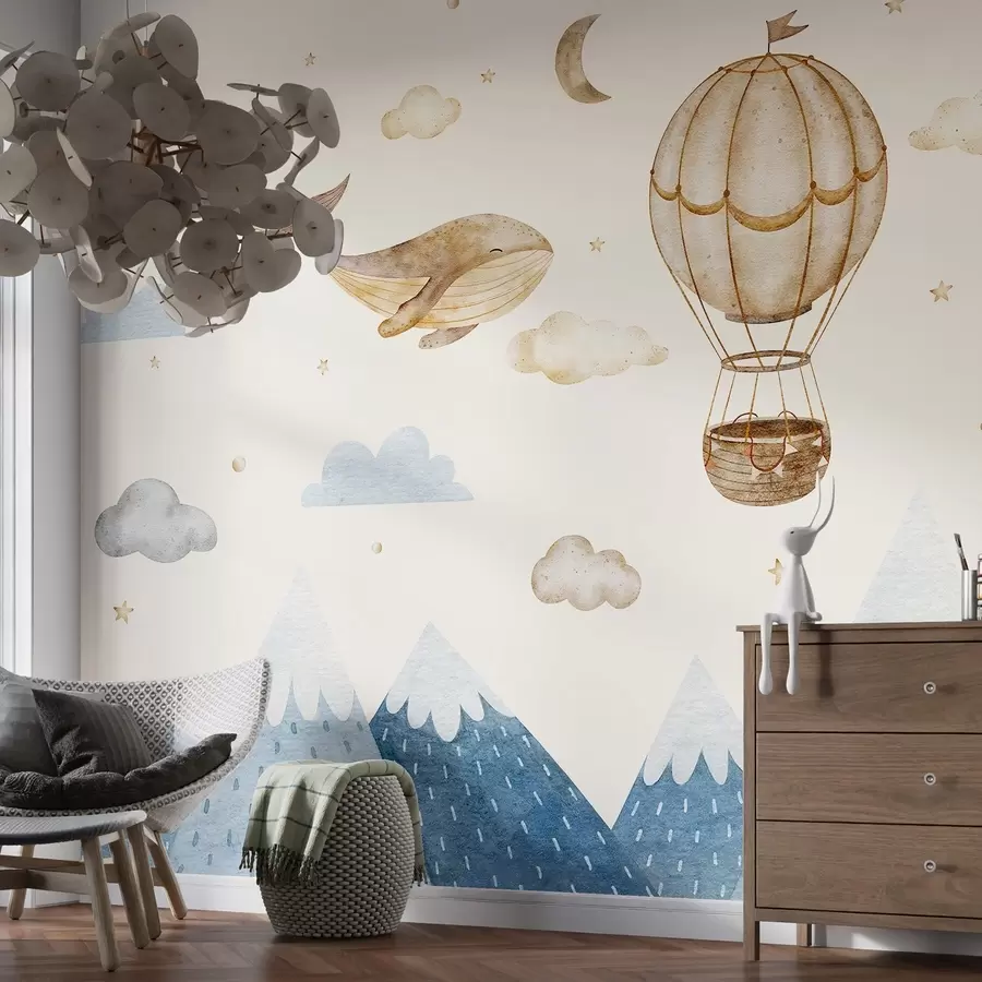 murais de parede Balão de ar, baleia fofa, céu estrelado, montanhas, aquarela, cores azul e bege w03672