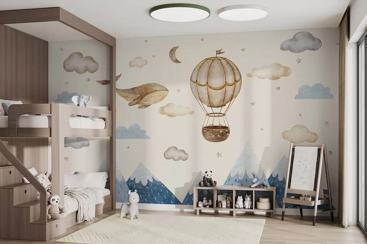 murais de parede Balão de ar, baleia fofa, céu estrelado, montanhas, aquarela, cores azul e bege w03672