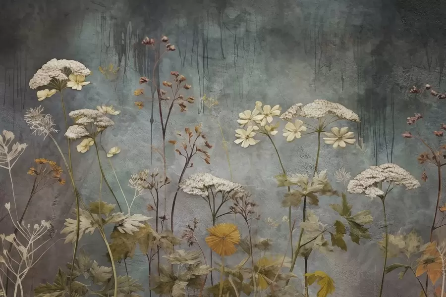 murais de parede Flores silvestres e gramíneas no fundo de uma parede grunge w03697