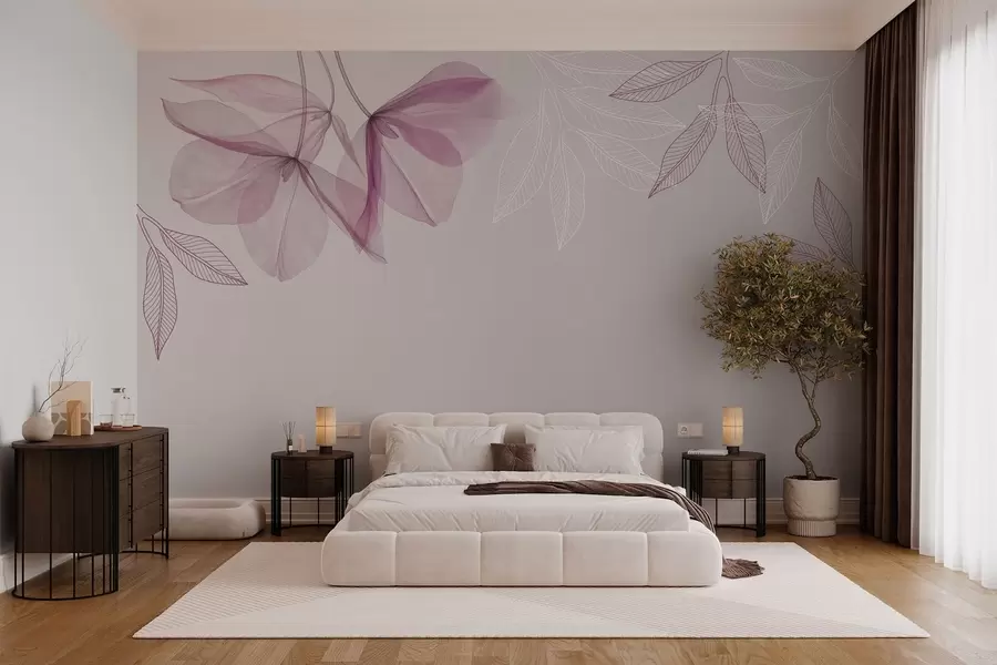 murais de parede delicadas flores e folhas translúcidas em tons de roxo w03616v4