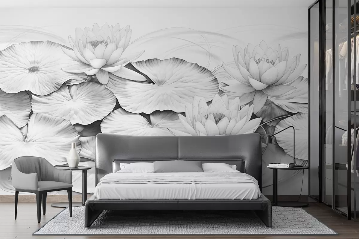 murais de parede Nenúfares e nenúfares em um lago, imitação em preto e branco de um desenho a lápis, ilustração botânica detalhada, arte da natureza w09006