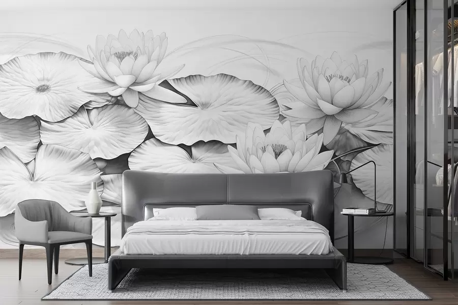 murais de parede Nenúfares e nenúfares em um lago, imitação em preto e branco de um desenho a lápis, ilustração botânica detalhada, arte da natureza w09006