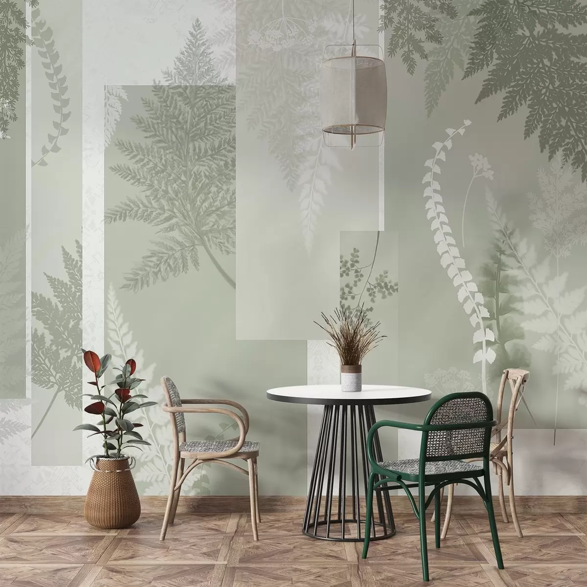murais de parede Folhas de samambaia em verde e branco, dispostas em listras verticais, criando uma estampa botânica e minimalista, com cores suaves e discretas w09007v2