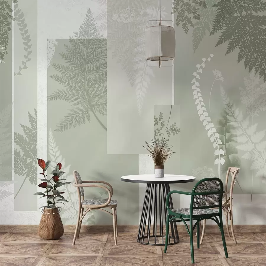 murais de parede Folhas de samambaia em verde e branco, dispostas em listras verticais, criando uma estampa botânica e minimalista, com cores suaves e discretas w09007v2