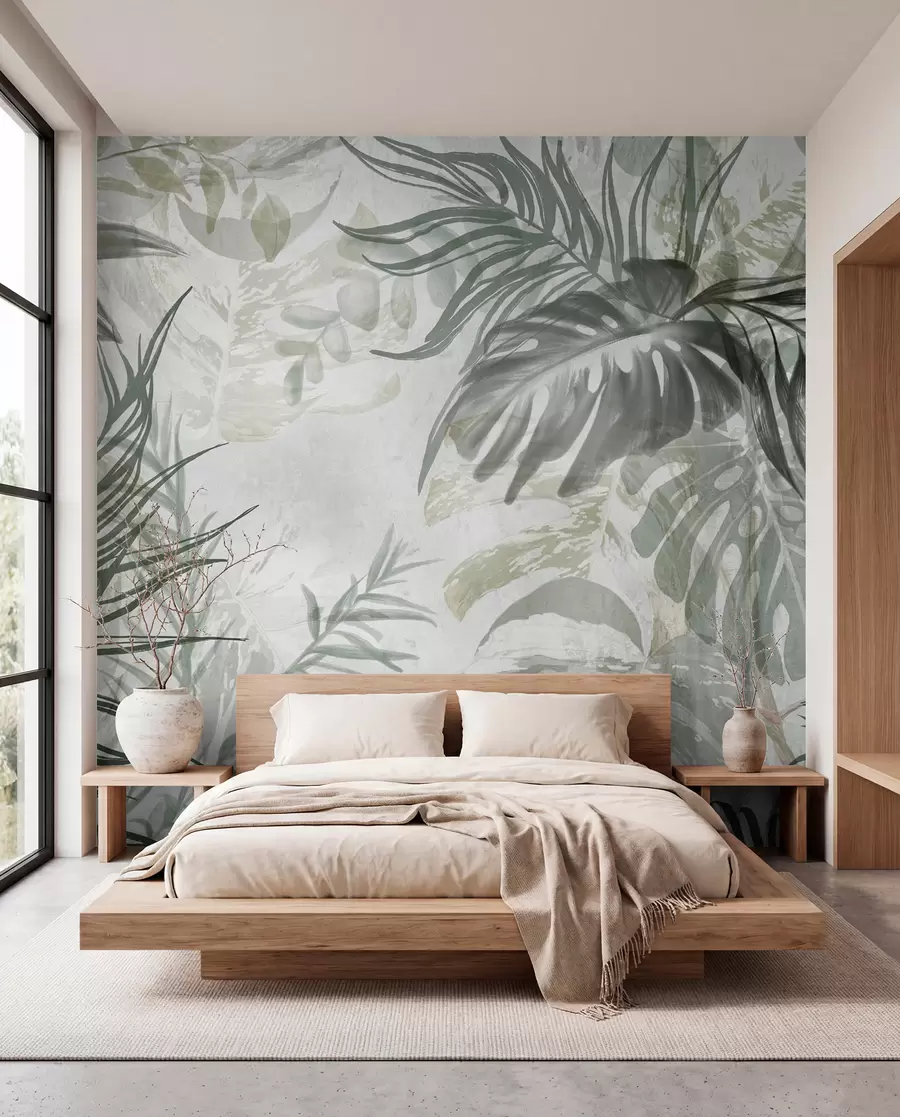 murais de parede Monstera e folhas de palmeira em tons de verde e cinza, botânica, folhagem tropical, plantas da selva, fundo texturizado w09011