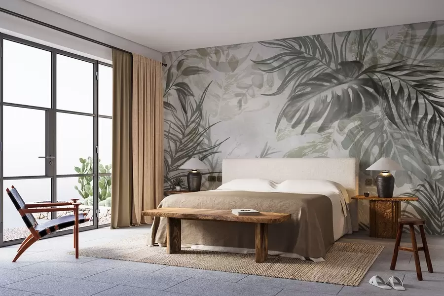 murais de parede Monstera e folhas de palmeira em tons de verde e cinza, botânica, folhagem tropical, plantas da selva, fundo texturizado w09011