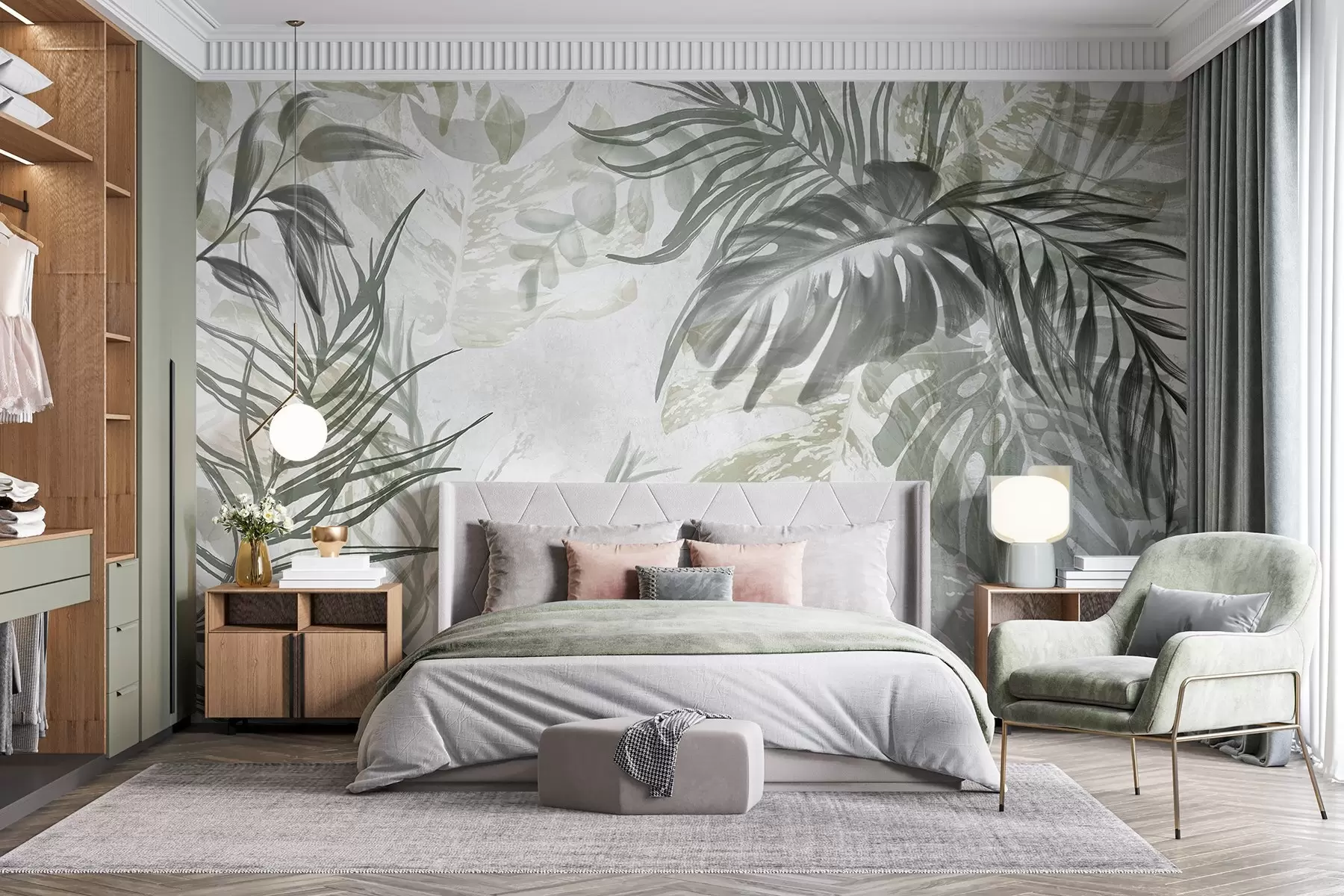 murais de parede Monstera e folhas de palmeira em tons de verde e cinza, botânica, folhagem tropical, plantas da selva, fundo texturizado w09011