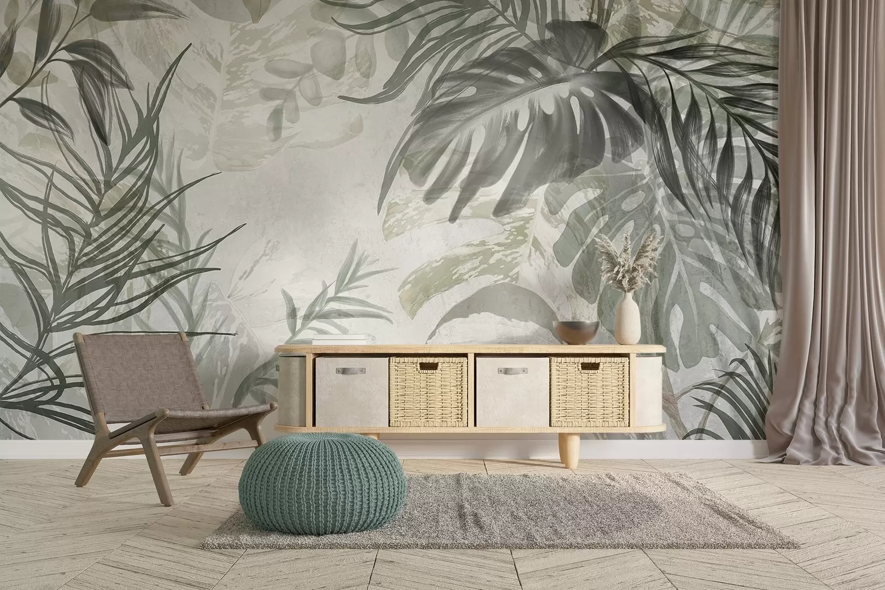 murais de parede Monstera e folhas de palmeira em tons de verde e cinza, botânica, folhagem tropical, plantas da selva, fundo texturizado w09011