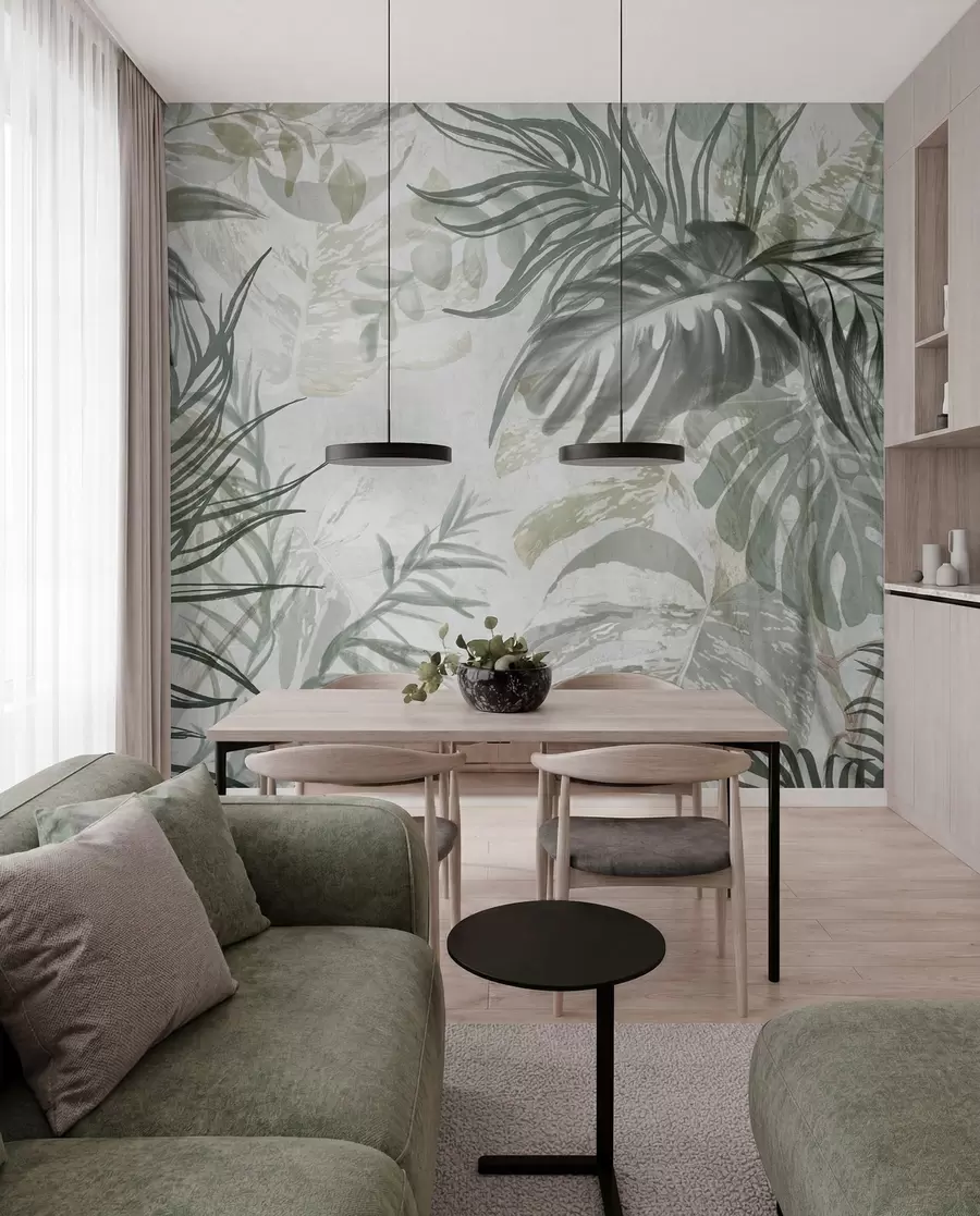 murais de parede Monstera e folhas de palmeira em tons de verde e cinza, botânica, folhagem tropical, plantas da selva, fundo texturizado w09011