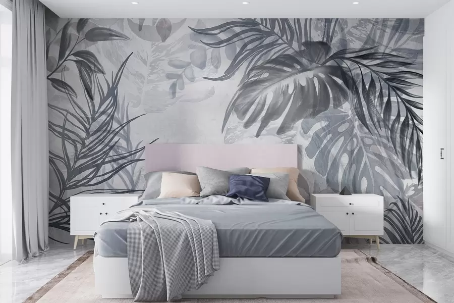 murais de parede Monstera e folhas de palmeira em tons de azul e cinza, botânica, folhagem tropical, plantas da selva, fundo texturizado w09011v1