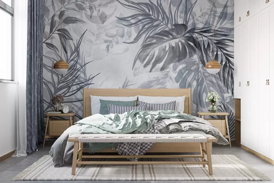 murais de parede Monstera e folhas de palmeira em tons de azul e cinza, botânica, folhagem tropical, plantas da selva, fundo texturizado w09011v1