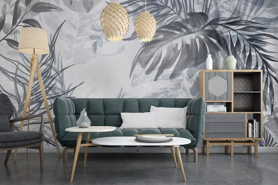 murais de parede Monstera e folhas de palmeira em tons de azul e cinza, botânica, folhagem tropical, plantas da selva, fundo texturizado w09011v1