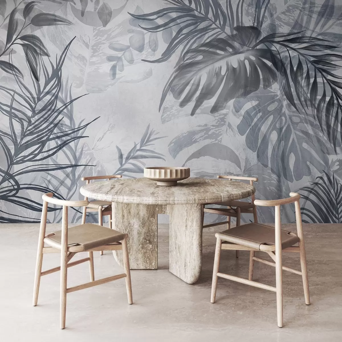 murais de parede Monstera e folhas de palmeira em tons de azul e cinza, botânica, folhagem tropical, plantas da selva, fundo texturizado w09011v1