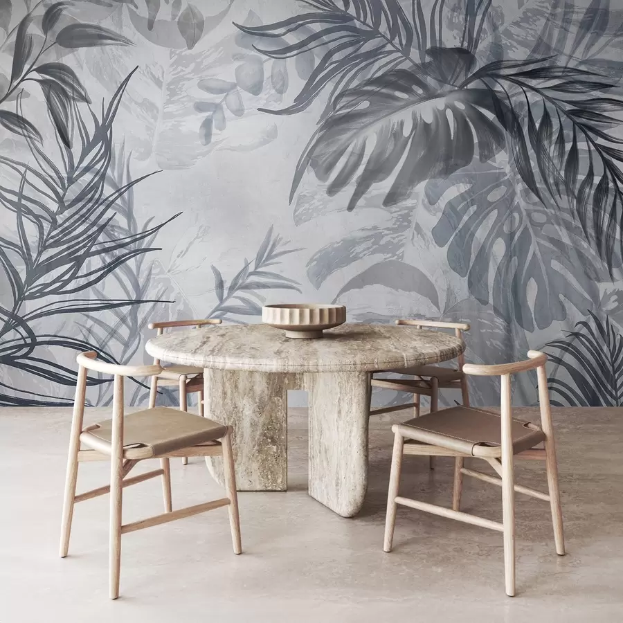 murais de parede Monstera e folhas de palmeira em tons de azul e cinza, botânica, folhagem tropical, plantas da selva, fundo texturizado w09011v1