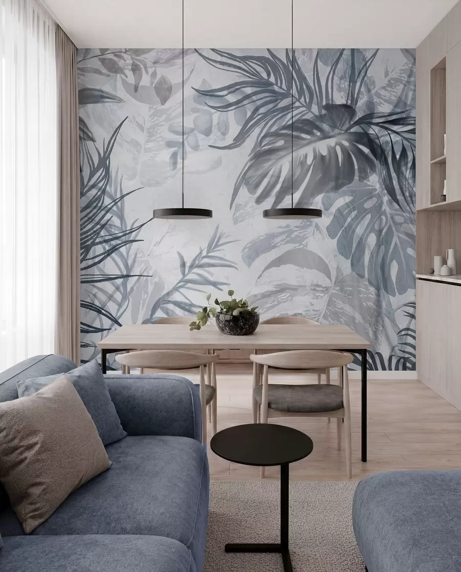murais de parede Monstera e folhas de palmeira em tons de azul e cinza, botânica, folhagem tropical, plantas da selva, fundo texturizado w09011v1
