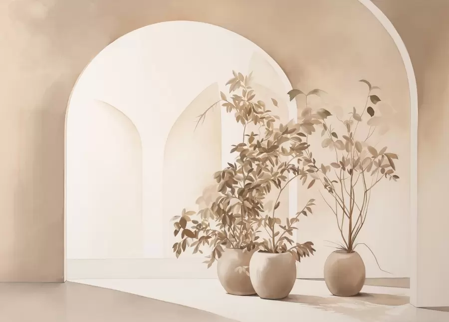 murais de parede Plantas em vasos com tons de bege em frente a arcos abstratos, estilo minimalista, elegante e limpo, fundo neutro w09013