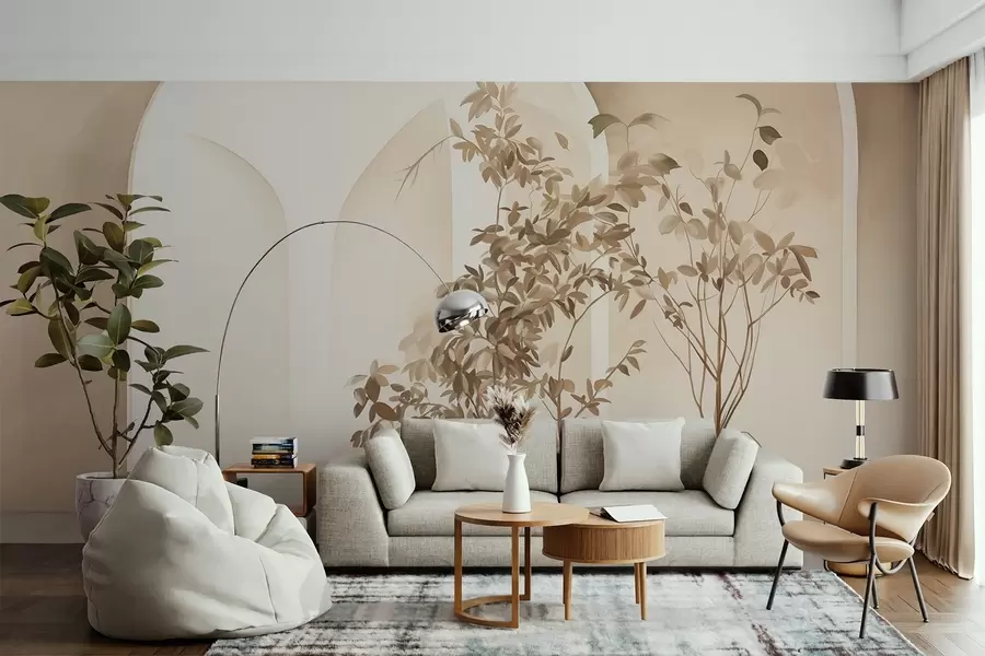 murais de parede Plantas em vasos com tons de bege em frente a arcos abstratos, estilo minimalista, elegante e limpo, fundo neutro w09013