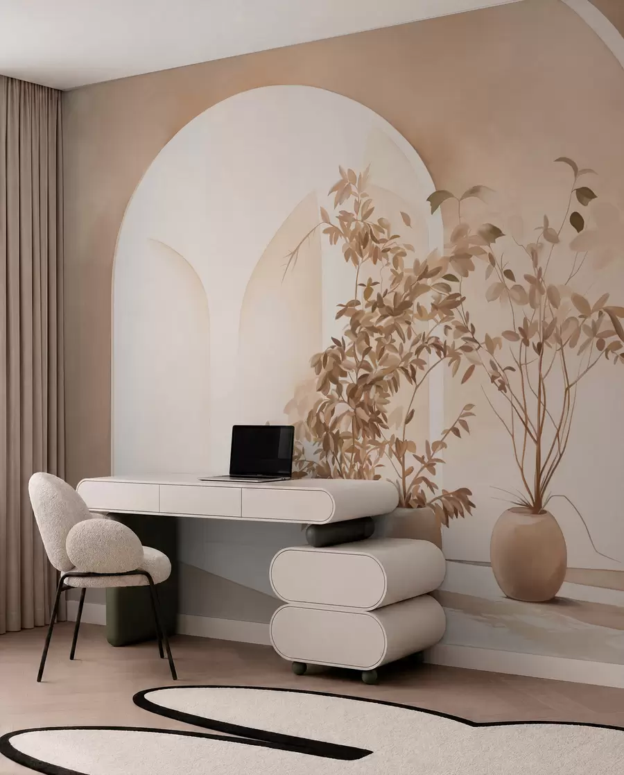 murais de parede Plantas em vasos com tons de bege em frente a arcos abstratos, estilo minimalista, elegante e limpo, fundo neutro w09013