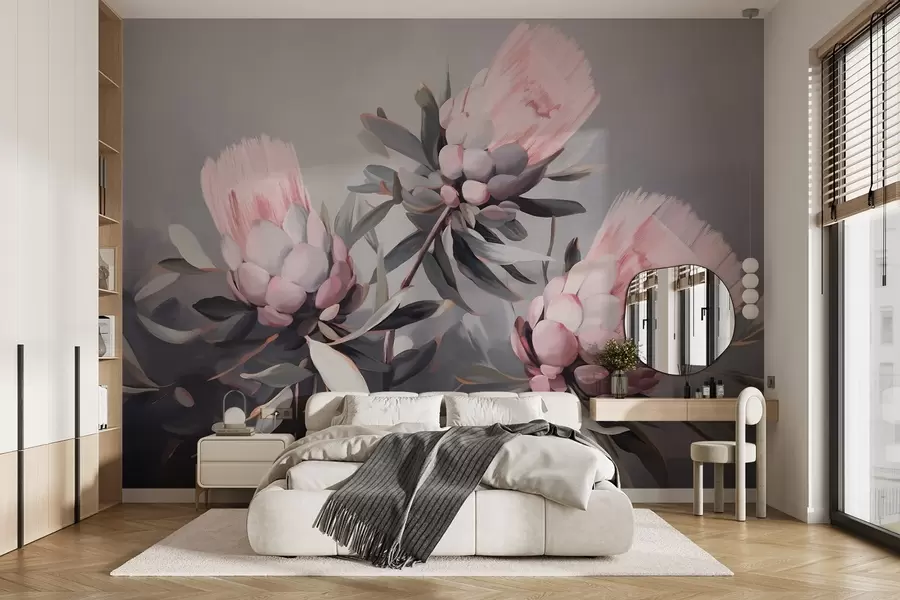 murais de parede Flores abstratas de protea rosa com folhas cinzas, pinceladas de textura suave, cores suaves, contra um fundo cinza desfocado w09014