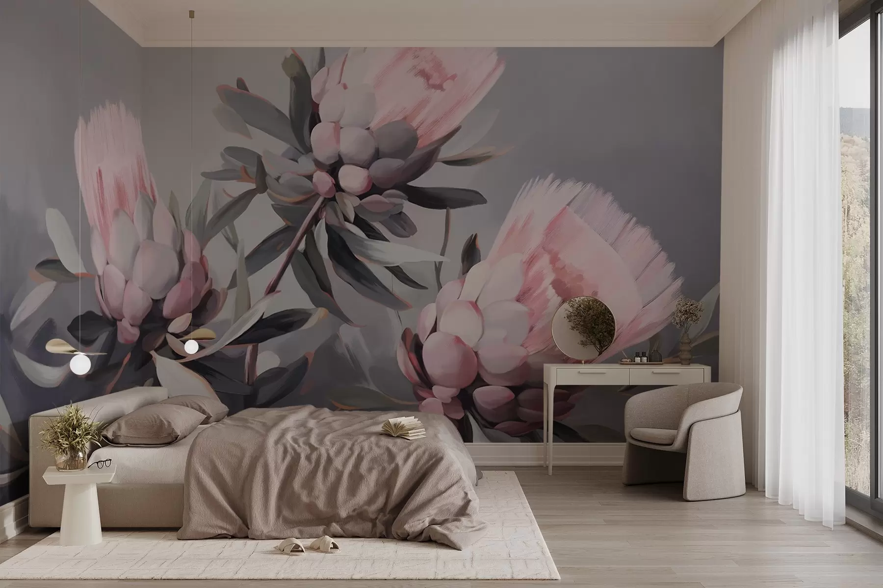 murais de parede Flores abstratas de protea rosa com folhas cinzas, pinceladas de textura suave, cores suaves, contra um fundo cinza desfocado w09014