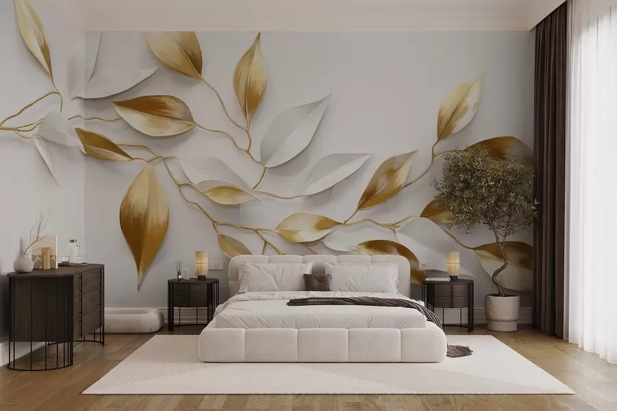 murais de parede Folhas amarelas e brancas em um galho, design elegante, fundo branco, estilo minimalista, arte decorativa, inspirado na natureza w09015