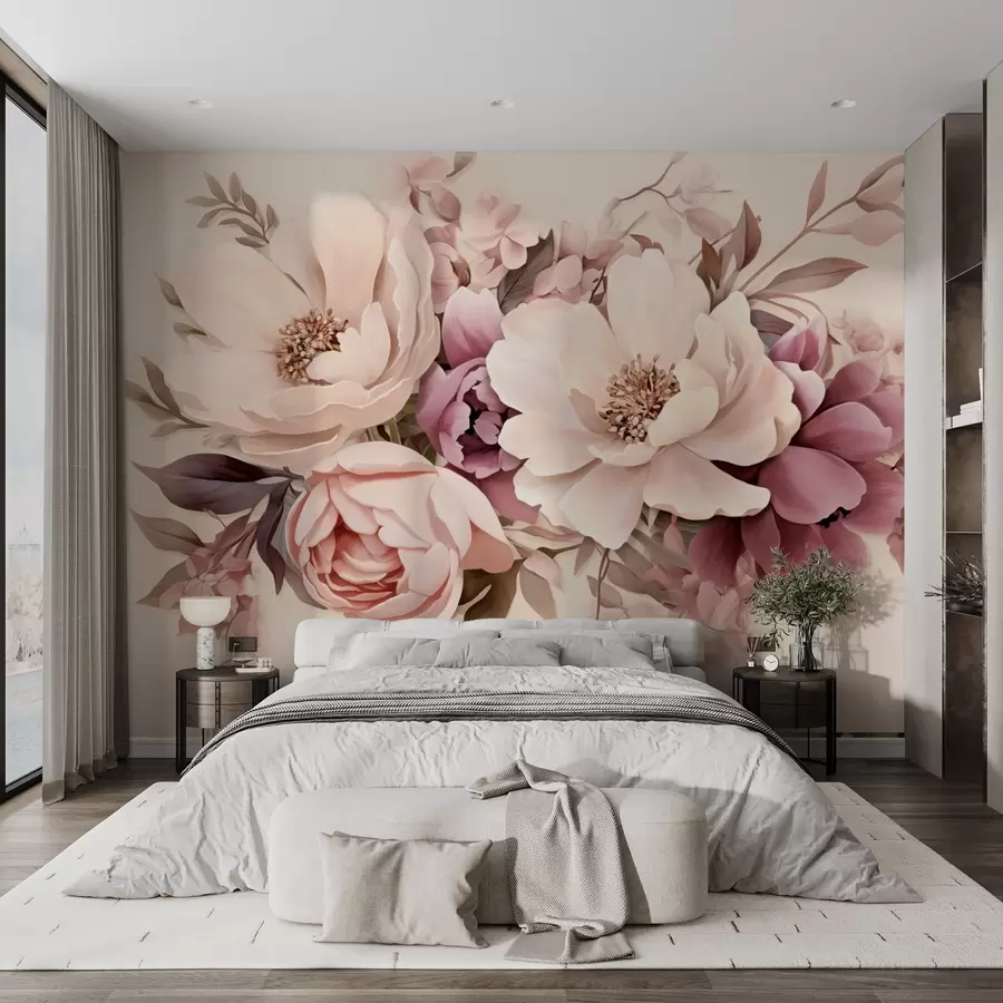 murais de parede Composição delicada de flores rosa e bege, peônias com folhas w09019