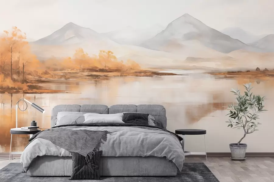 murais de parede Paisagem de outono com árvores amarelas e um rio em um cenário de montanha w09020