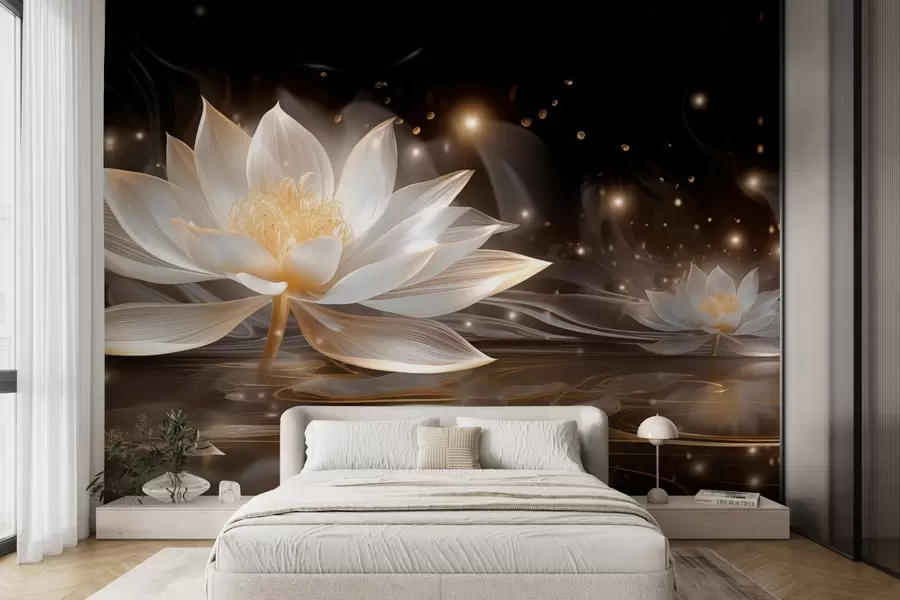 murais de parede Lírios d'água brancos e elegantes em uma água escura w09021