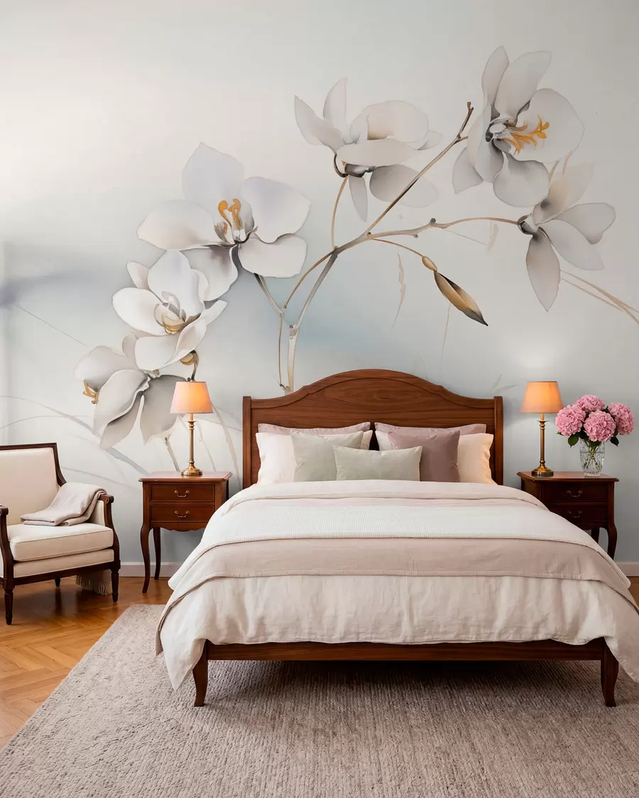 murais de parede Galho de orquídea branca em estilo aquarela w09022