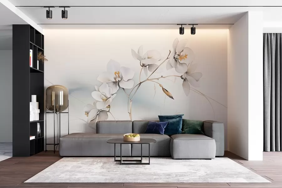 murais de parede Galho de orquídea branca em estilo aquarela w09022