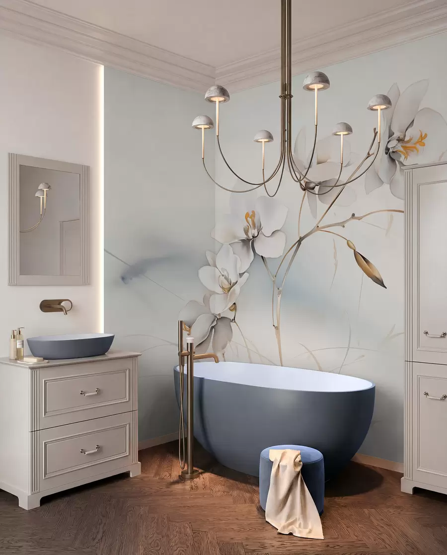 murais de parede Galho de orquídea branca em estilo aquarela w09022