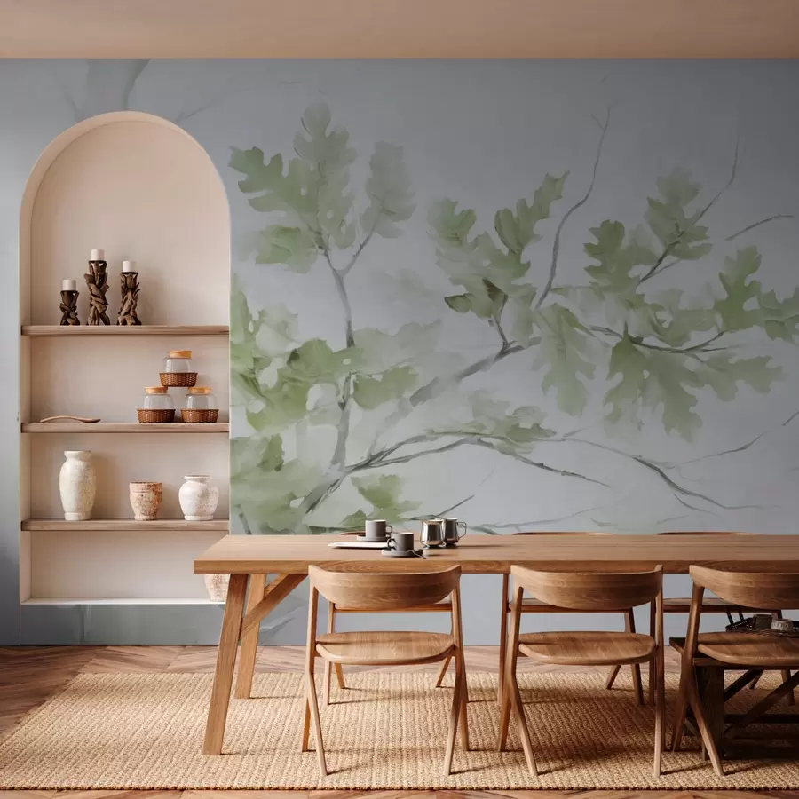 murais de parede Galho de carvalho com folhas em tons de verde w03772v1