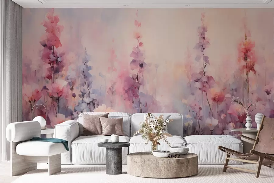 murais de parede Flores silvestres coloridas em estilo aquarela: lilases, papoulas, margaridas w09038