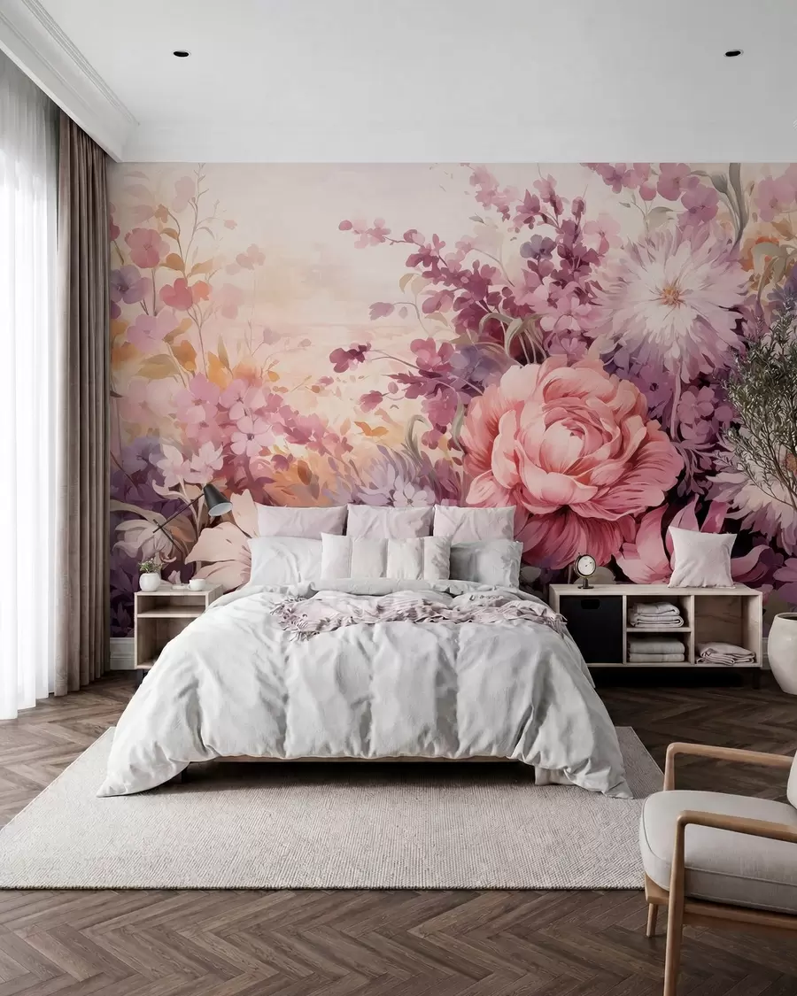 murais de parede Flores coloridas em tons de rosa e roxo: lilases, peônias, crisântemos w09039