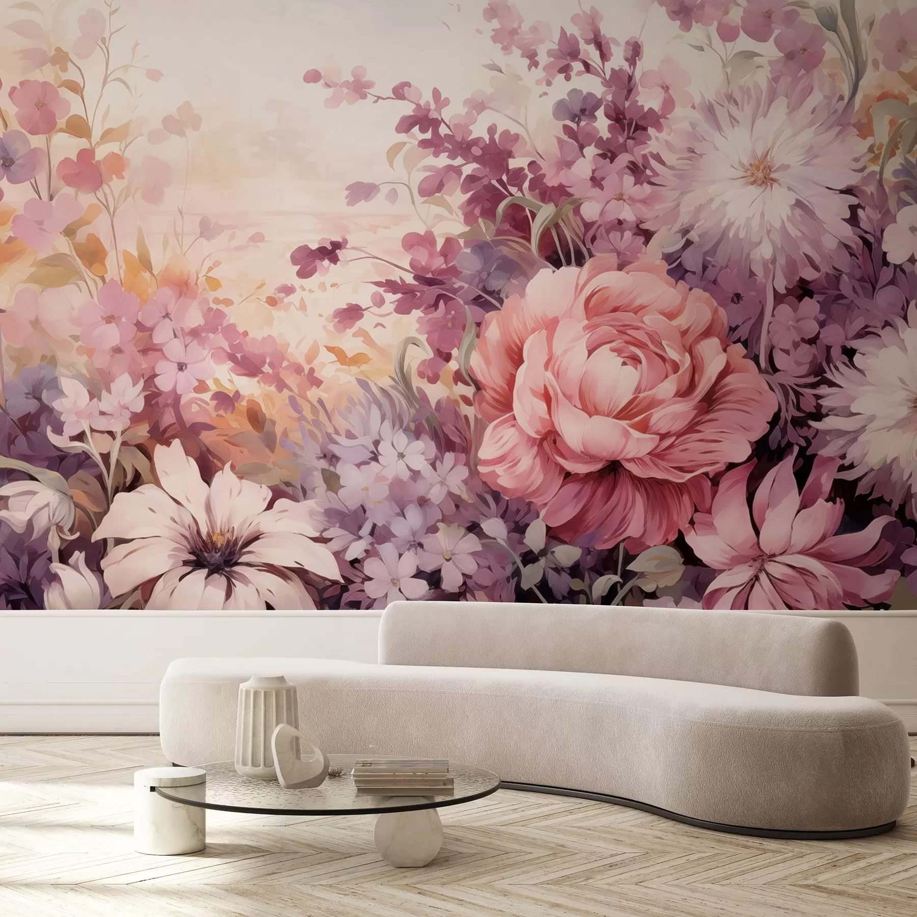 murais de parede Flores coloridas em tons de rosa e roxo: lilases, peônias, crisântemos w09039