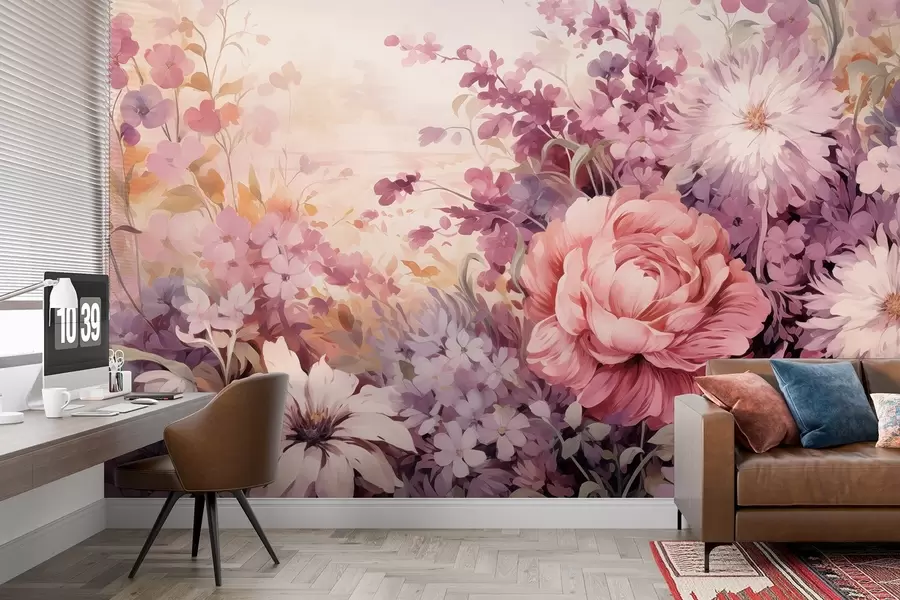 murais de parede Flores coloridas em tons de rosa e roxo: lilases, peônias, crisântemos w09039
