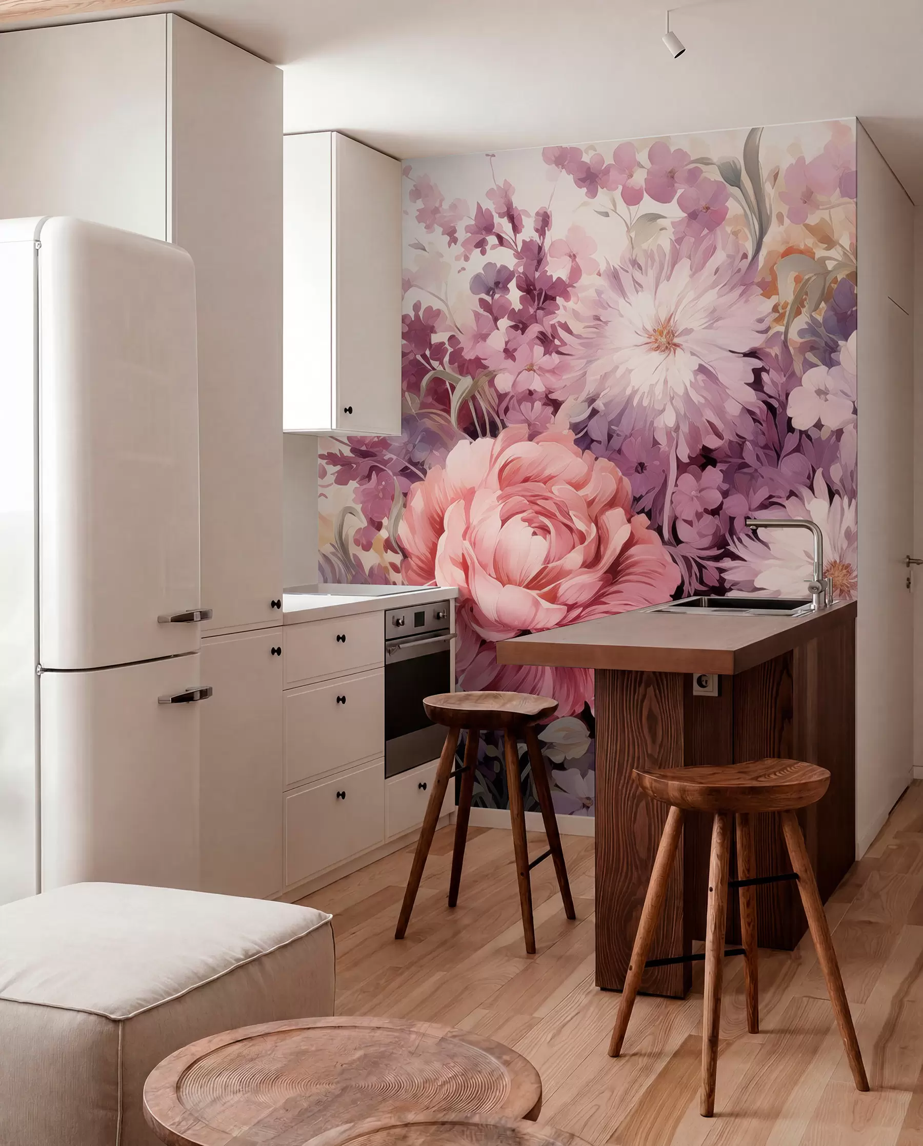 murais de parede Flores coloridas em tons de rosa e roxo: lilases, peônias, crisântemos w09039