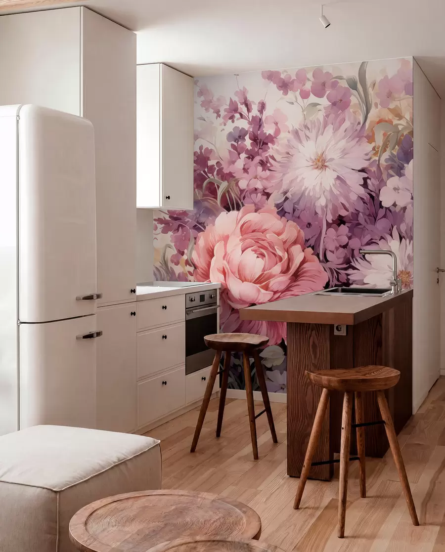 murais de parede Flores coloridas em tons de rosa e roxo: lilases, peônias, crisântemos w09039