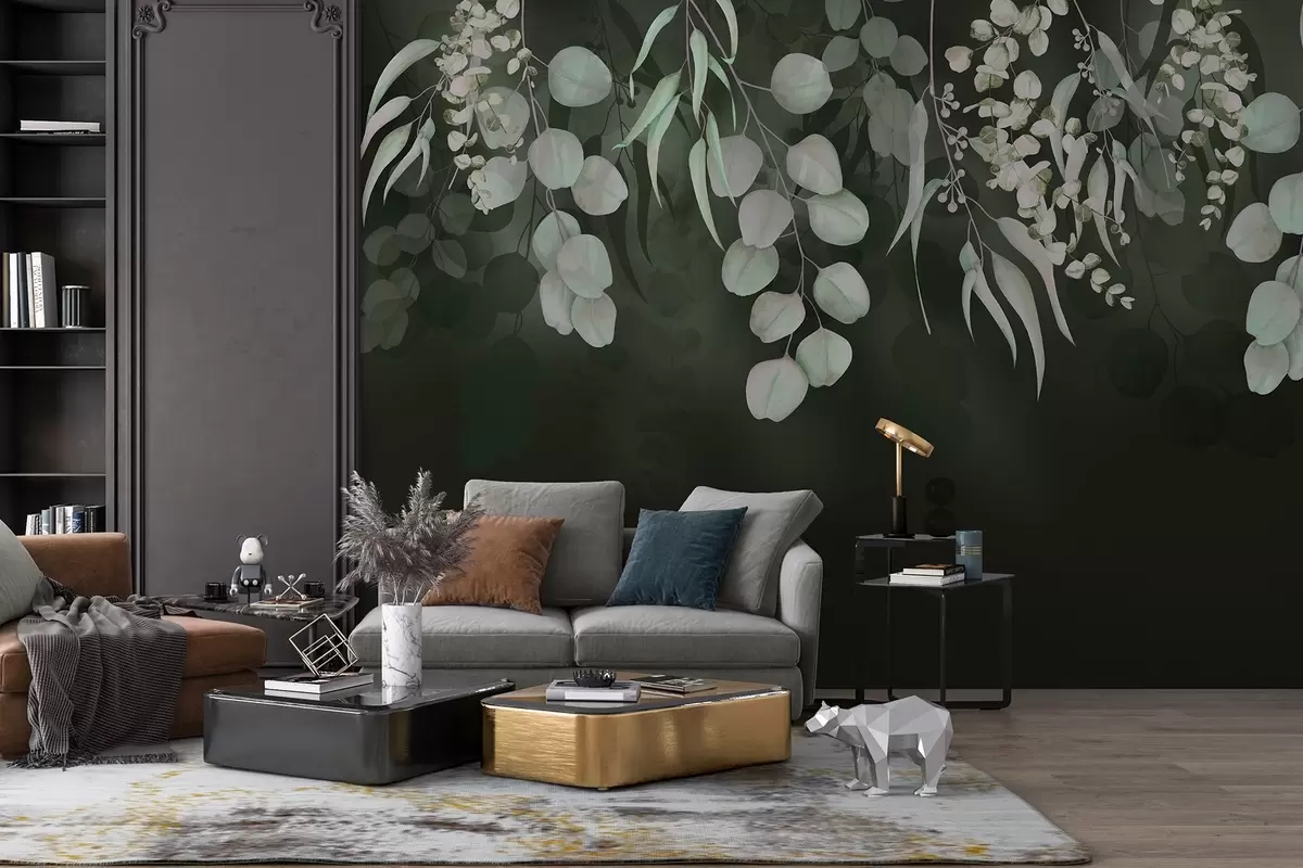 murais de parede Folhas tropicais em um fundo verde escuro, floral w03752