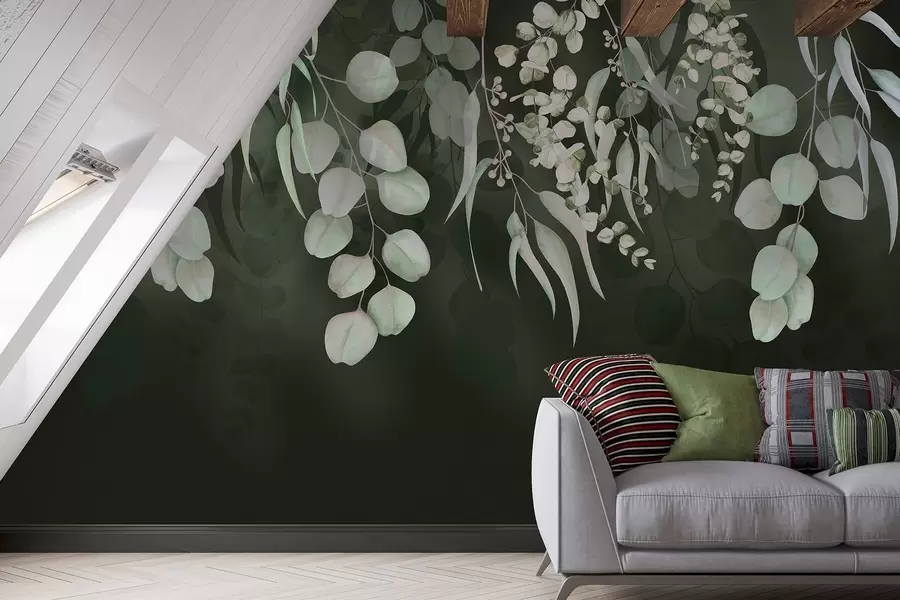 murais de parede Folhas tropicais em um fundo verde escuro, floral w03752