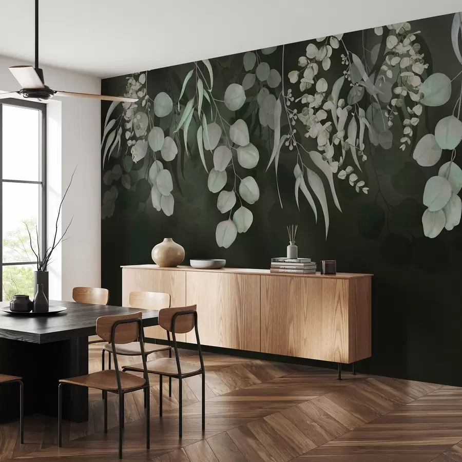 murais de parede Folhas tropicais em um fundo verde escuro, floral w03752