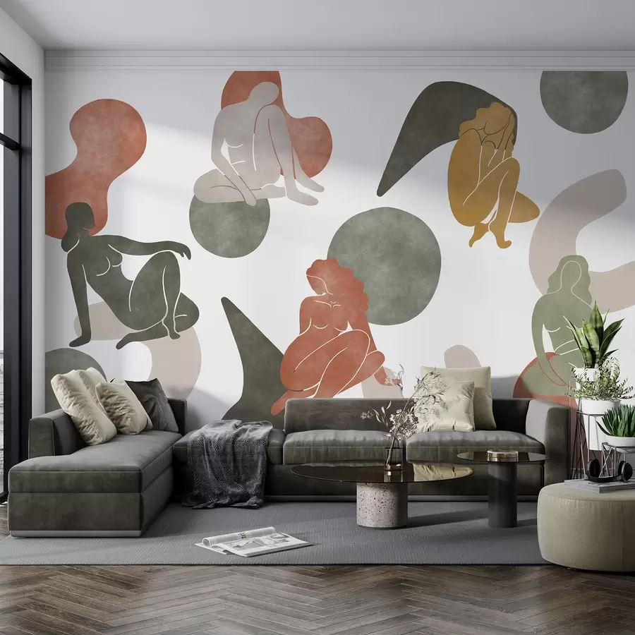 murais de parede Abstrações geométricas com silhuetas femininas, estilo boho, marrom, bege, verde w03753