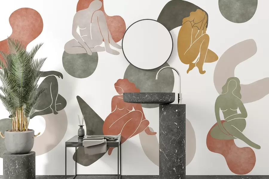 murais de parede Abstrações geométricas com silhuetas femininas, estilo boho, marrom, bege, verde w03753