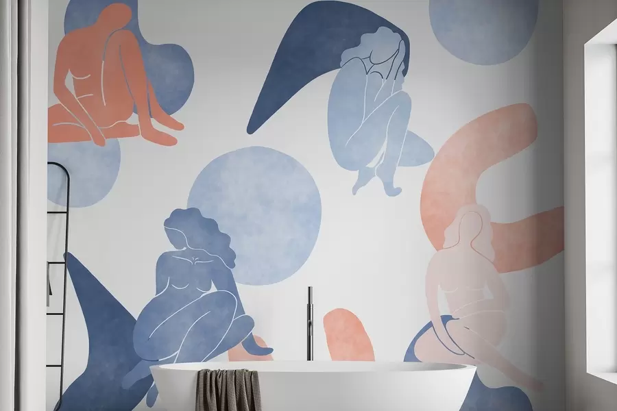 murais de parede Abstrações geométricas com silhuetas femininas, estilo boho, azul, bege, rosa w03753v1