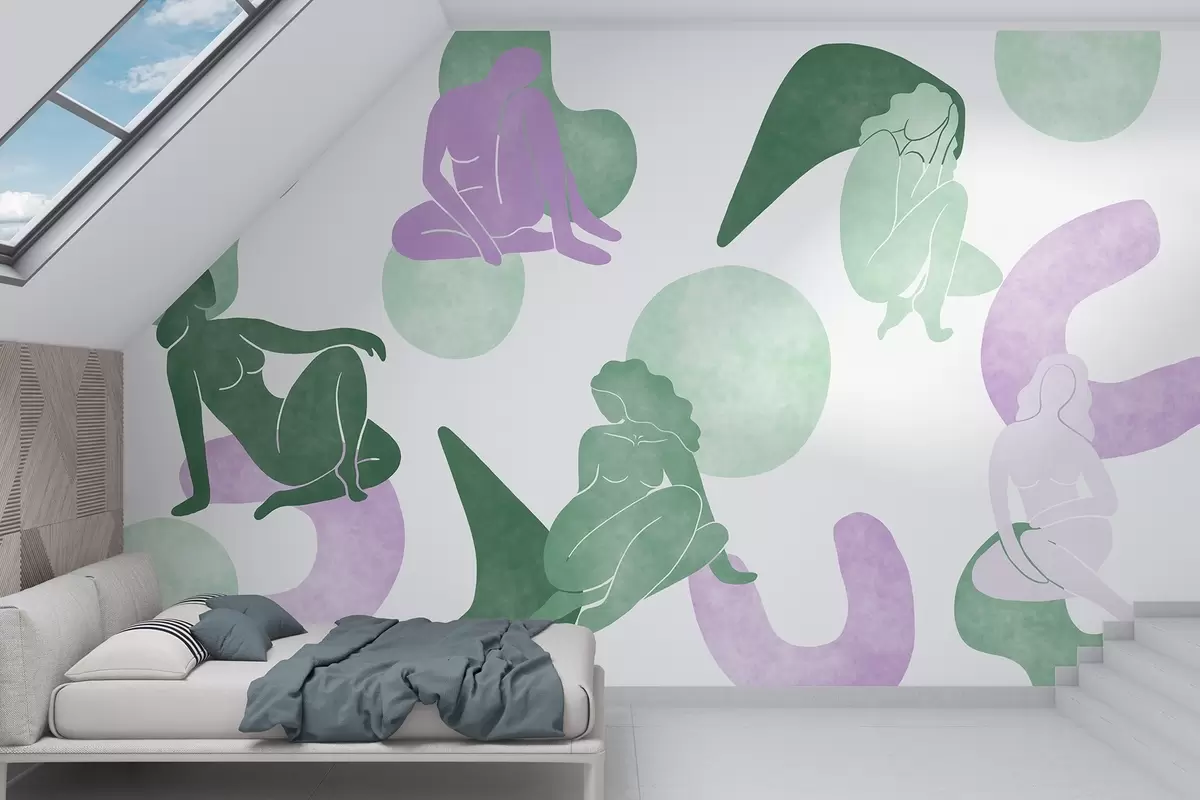 murais de parede Abstrações geométricas com silhuetas femininas, estilo boho, roxo, verde w03753v4