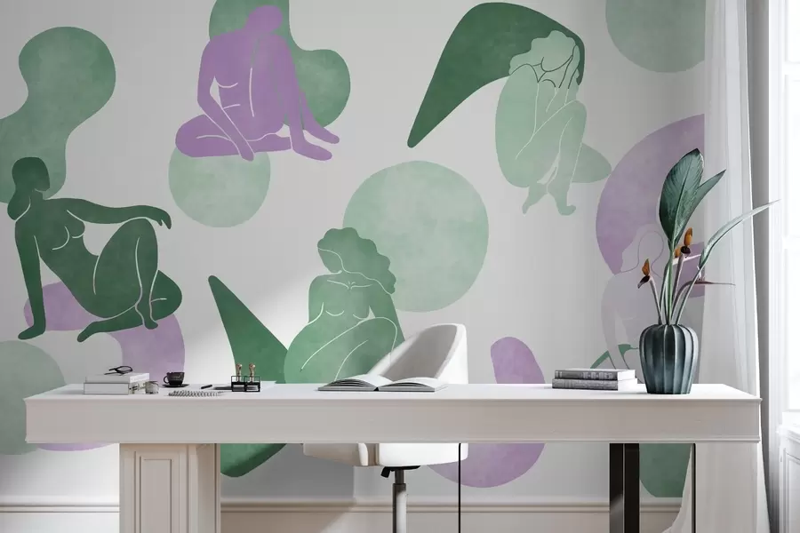 murais de parede Abstrações geométricas com silhuetas femininas, estilo boho, roxo, verde w03753v4