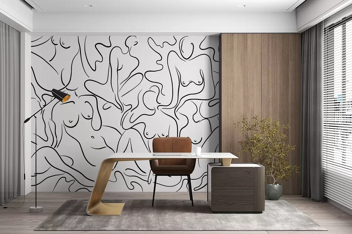 murais de parede Desenho de linha, silhuetas de corpos de mulheres, abstração, cor preta w03755